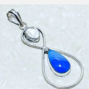 Blue lace agate and biwa pearl 2.9 inch sterling silver plated pendant